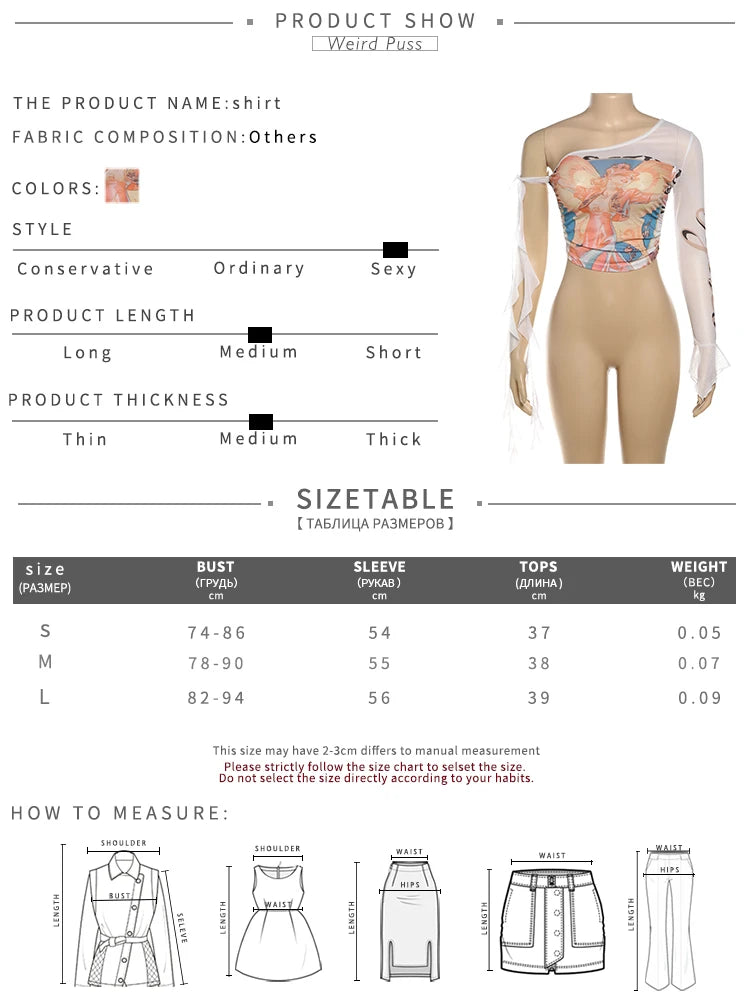 Weird Puss One-Shoulder Crop Top for Women – See-Through Bandage Graphic T-Shirt, Sexy Summer Clubwear 2024