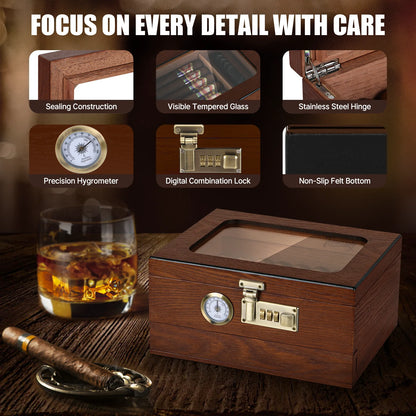 Cedar Wood Cigar Humidor – Glass Top Desktop Cigar Box with Front Hygrometer, Humidifier, Divider, and Accessories Drawer