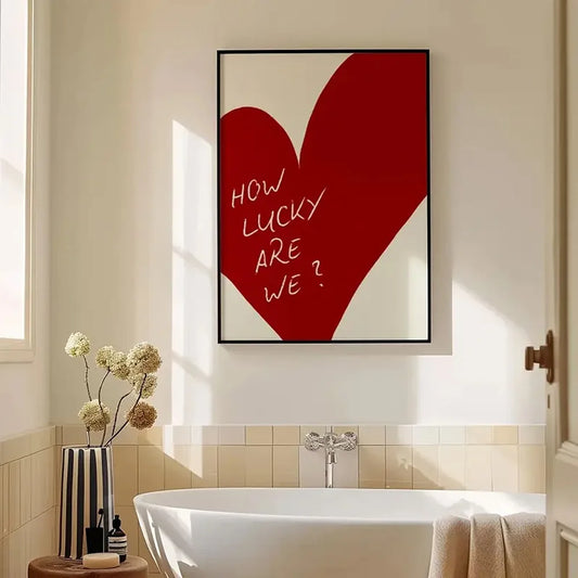 Frameless Red Love Heart Canvas – “How Lucky Are We” Modern Wall Art Poster for Bedroom, Home Decor & Valentine’s Gift