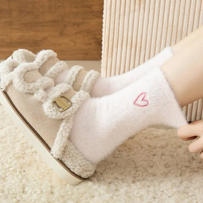 Thickened Pink Mink Fur Heart Embroidered Socks — Women’s Autumn Winter Warm Plush Mid-Tube Home Sleep Socks
