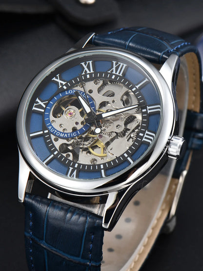 LONGLUX Rome Automatic Mechanical Waterproof Men’s Watch – Hollow Dial Leather Wristwatch Gift