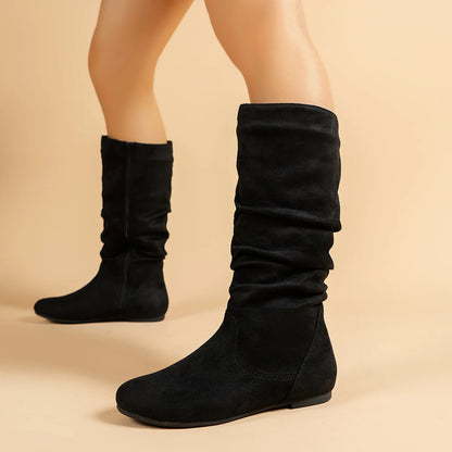 Pleated PU Women’s Fashion Boots – Casual Side-Zip Round Toe Flat High Solid Color Boots
