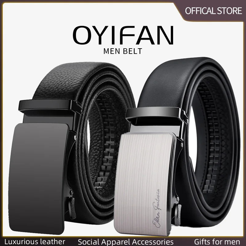 OYIFAN Men’s Genuine Leather Belt – Designer Alloy Buckle Automatic Ratchet Belt