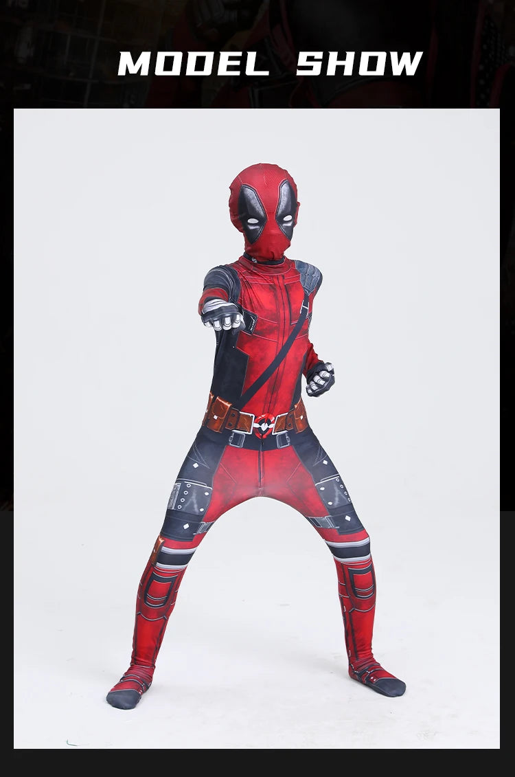 Deadpool Cosplay Costume for Kids – Superhero Roleplay Outfit with Headgear & Gloves, Halloween Party Suit