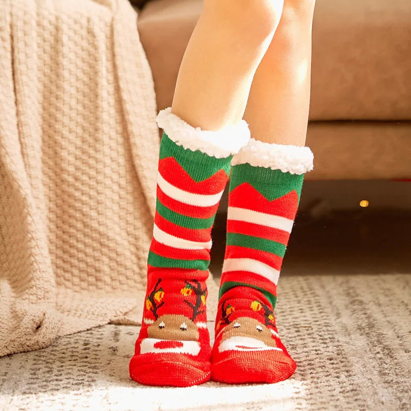 Women’s Winter Plush Socks – Soft Fuzzy Non-Slip Floor Slippers with Penguin, Deer, Elk & Bear, Cozy Christmas Gift