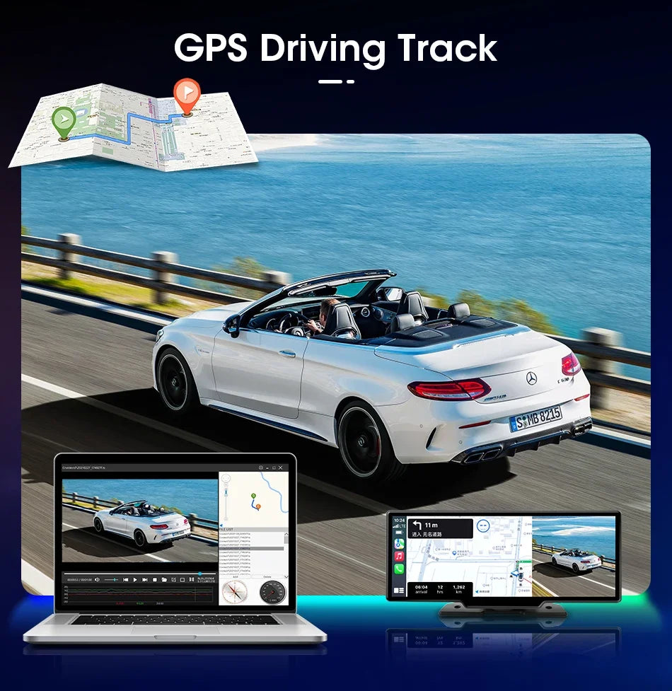 Srnubi 10.26 Inch Dash Cam Rearview Mirror - CarPlay & Android Auto DVR with GPS Navigation, Video Dashboard Monitor