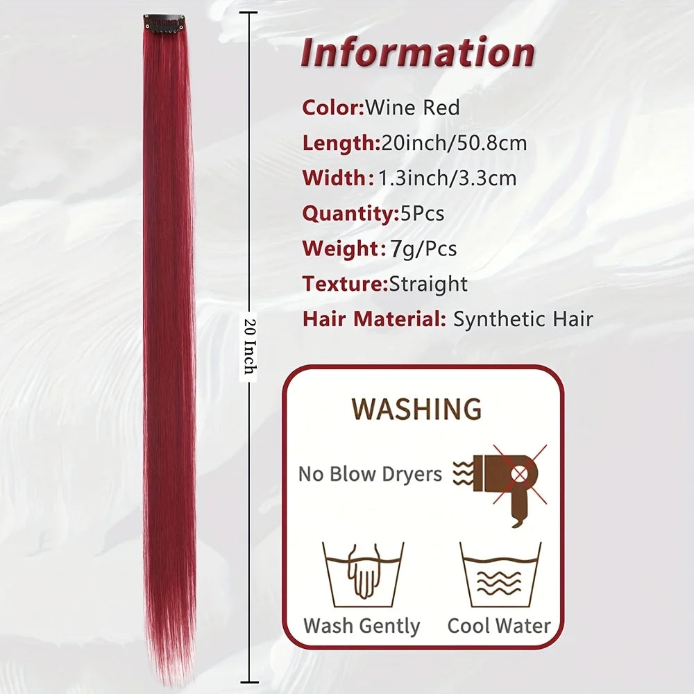 5PCS Long Straight Clip-In Hair Extensions - Synthetic Hairpieces for Women, Cosplay & Parties