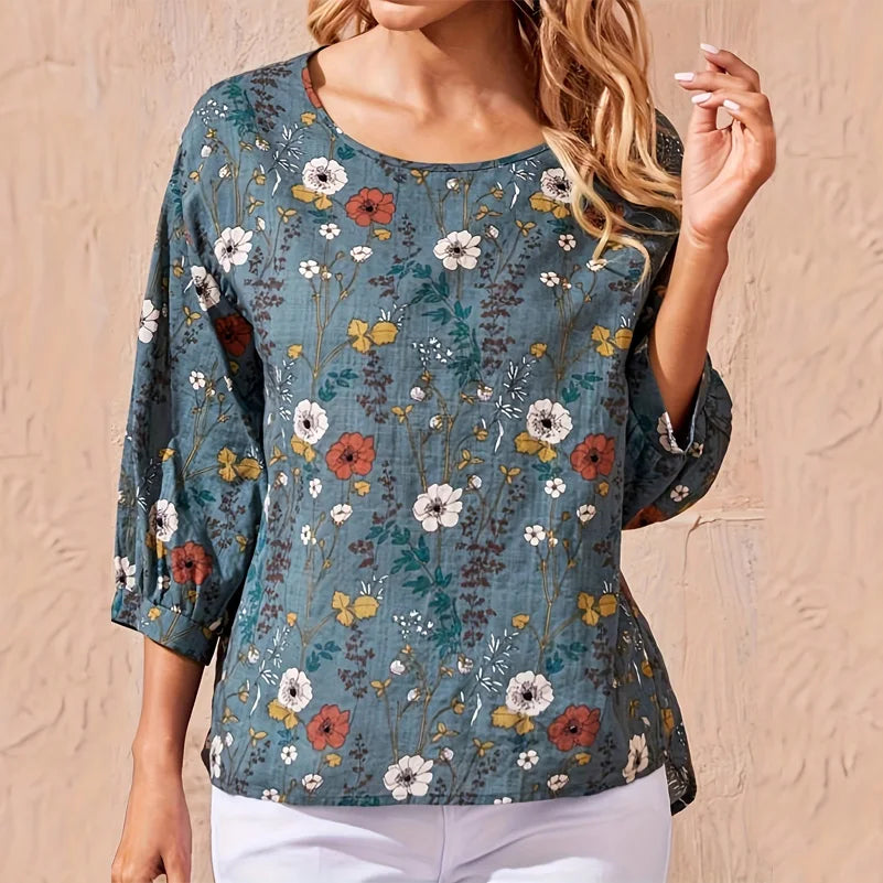 Plus Size Women's Floral Print Shirt - Loose Round Neck Lantern Sleeve Casual Office Top