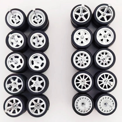 1:64 Alloy Car Wheels & Rubber Tires Set - Replacement Axles for Hot Wheels, Matchbox & Model Cars