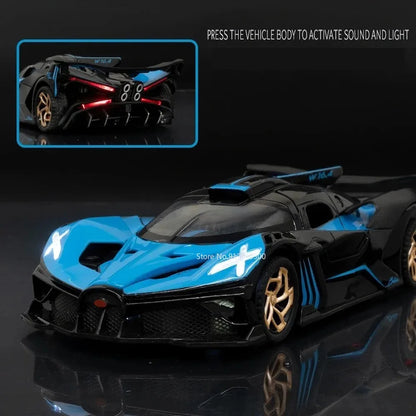 1/32 Bugatti Bolide Alloy Sports Car Model — Diecast Metal Vehicle with Sound & Light, Pull-Back Toy for Boys