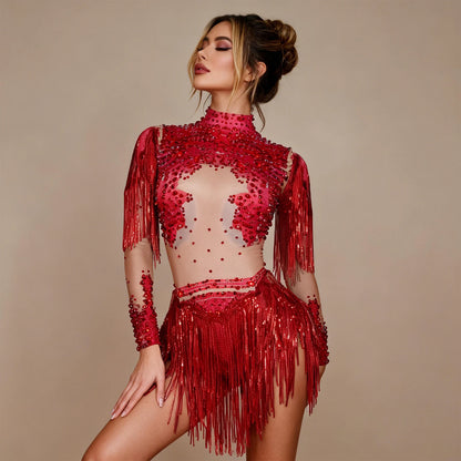 Sparkly Rhinestone Sequin One-Shoulder Bodysuit - Fringe Stage Party & Dance Performance Outfit