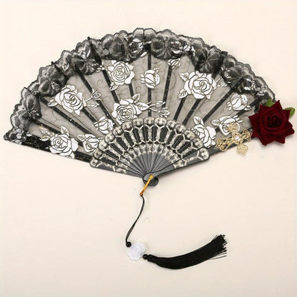 Vintage Spanish Flamenco Rose Lace Folding Fan - Elegant Handheld Fan for Weddings & Parties