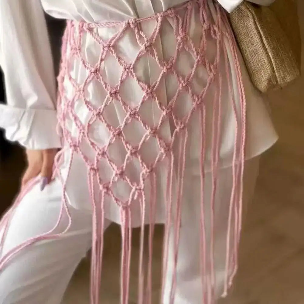Boho Macrame Waist Belt - Handwoven Tassel Fringe Belt for Dresses & Festivals