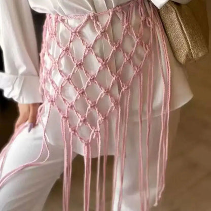 Boho Macrame Waist Belt - Handwoven Tassel Fringe Belt for Dresses & Festivals