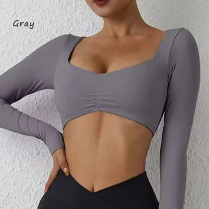 DIAS FIT JOY Women’s Nylon Gym Top – Long-Sleeve Pleated Yoga & Sports T-Shirt, Waist-Fitting Activewear