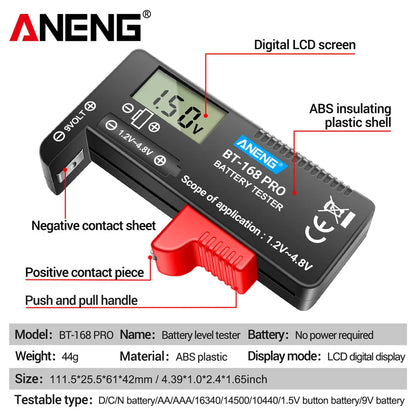 ANENG BT-168 PRO Digital Lithium Battery Capacity Tester - Universal Check for AAA, AA, Button Cells, Load Analyzer Display