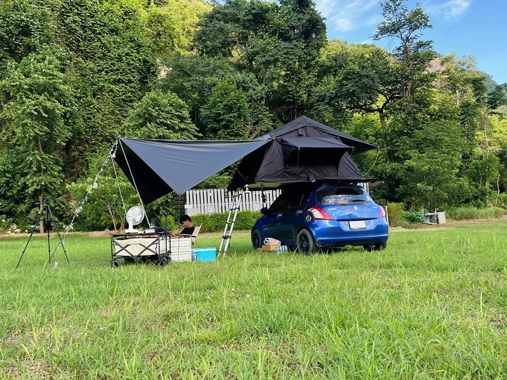 Manta Ray Car Side Awning – Black Coating Waterproof Tarp with Suction Cup Anchor for SUV Camping & Shade