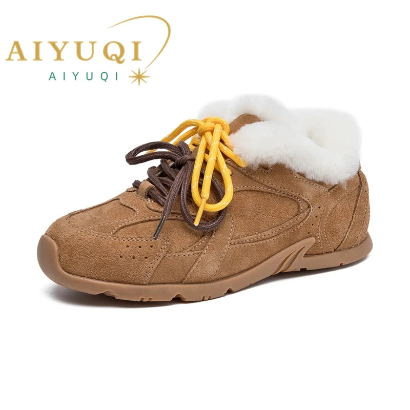 AIYUQI Women's Genuine Leather Sneakers – Retro German Trainers, Winter Velvet Fur, Flat Casual Shoes