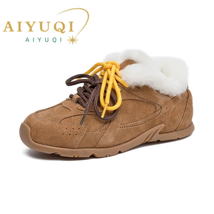 AIYUQI Women's Genuine Leather Sneakers – Retro German Trainers, Winter Velvet Fur, Flat Casual Shoes