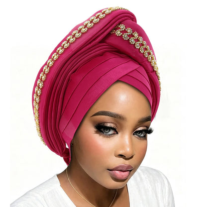 Luxury Diamond African Turban Headtie - Nigerian Auto Gele Head Wrap for Women, Wedding & Party Headpiece