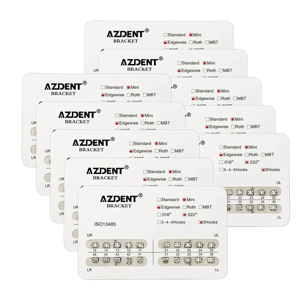 AZDENT 10 Packs Dental Brackets – Orthodontic Metal Mini Standard Roth MBT Slot 0.022/0.018 with Hooks, 20 Pcs per Pack