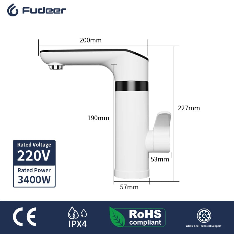 Fudeer 3400W 220V Electric Kitchen Water Heater Tap – Instant Hot & Cold Stainless Steel Faucet Heater