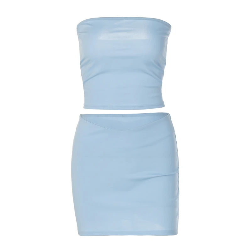 Hugcitar Solid Sleeveless Folds Tube Crop Top & Skirt Set – 2 Piece Summer Fashion Streetwear, Beach Clothing