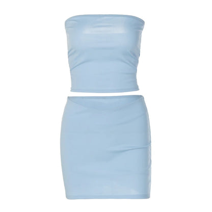 Hugcitar Solid Sleeveless Folds Tube Crop Top & Skirt Set – 2 Piece Summer Fashion Streetwear, Beach Clothing