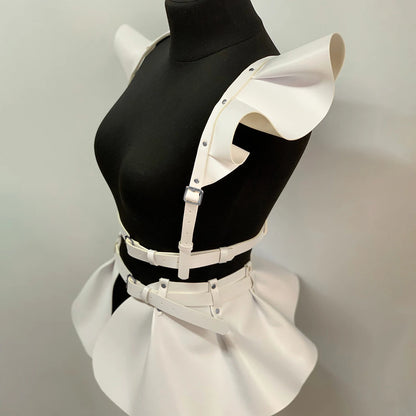 Women’s Gothic Leather Harness Skirt Belt with Ruffle Hem, Fashion Waist & Shoulder Body Harness Clothing Accessory