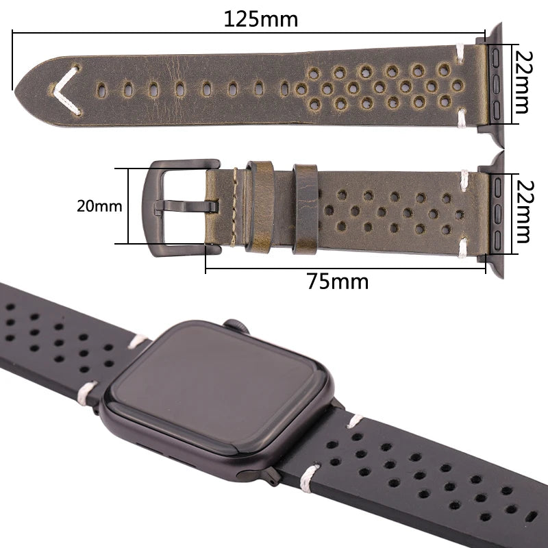 Genuine Leather Apple Watch Strap – Compatible with Series 7, 6, 5, 4, SE (40mm–49mm) for Men & Women