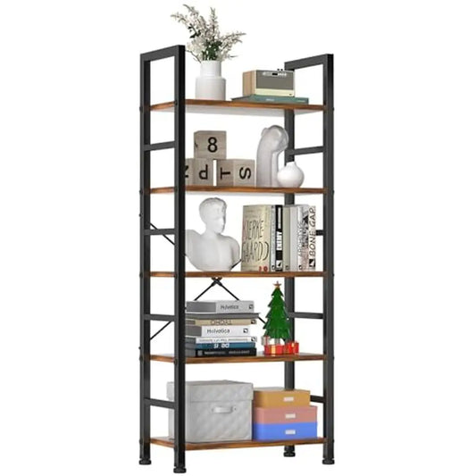 5 Tier Adjustable Bookshelf Organizer - Modern Wood & Metal Storage for Books, CDs, Movies, Garage Kits (23.62” x 11.81” x 62.2”)