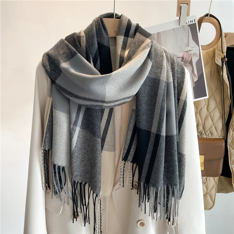 Warm Cashmere Blanket Scarf for Women - Fashionable Plaid Pashmina Shawl with Tassels, Thick Winter Wrap, Casual Poncho