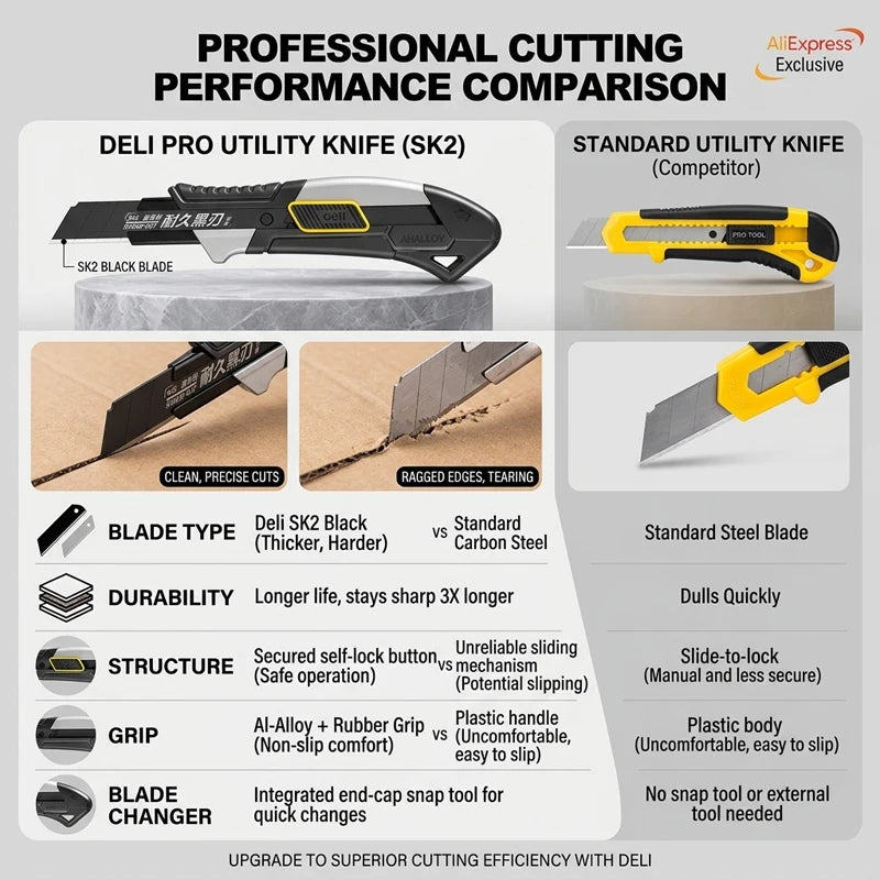 Pro Aluminum Utility Knife 18mm - SK2 Black Blade Heavy-Duty Box Cutter with 10 Replacement Blades