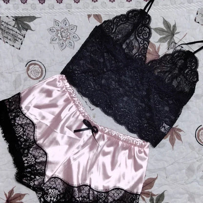 Women's Lace Babydoll Sleepwear Set - V-Neck Sleeveless Lingerie Top & Shorts