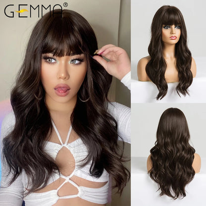 GEMMA Ombre Brown Blonde Synthetic Wig with Bangs – Long Straight Cosplay Wig for Women, High-Temperature Fiber