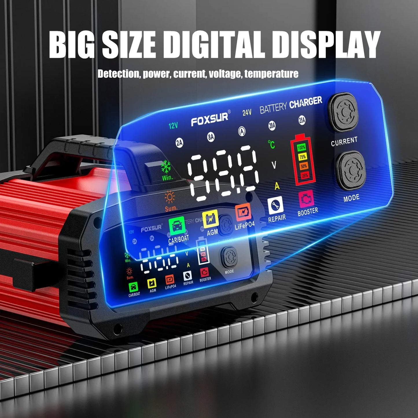 Portable 25A/15A Smart Car Battery Charger — 12V/24V AGM, GEL, LiFePO4 Motorcycle & Car Booster with Pulse Repair