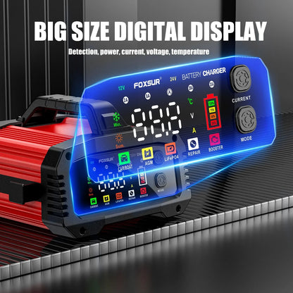 Portable 25A/15A Smart Car Battery Charger — 12V/24V AGM, GEL, LiFePO4 Motorcycle & Car Booster with Pulse Repair