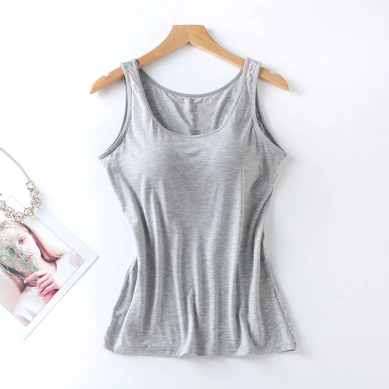 Women’s Built-In Bra Tank Top - Solid Color Padded Slim Fit Vest Shirt for Casual, Sexy & Everyday Wear