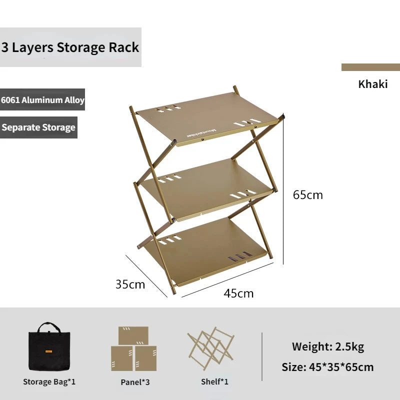 MOUNTAINHIKER Three-Tier Folding Rack – Portable Outdoor Storage Shelf for Camping, Picnic, BBQ & Garden Use