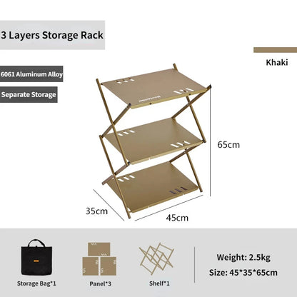 MOUNTAINHIKER Three-Tier Folding Rack – Portable Outdoor Storage Shelf for Camping, Picnic, BBQ & Garden Use
