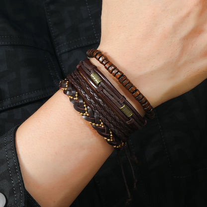 4Pcs Men's Braided Leather Bracelets Set – Vintage Life Tree & Rudder Charms, Wood Beads, Ethnic Tribal Wristbands