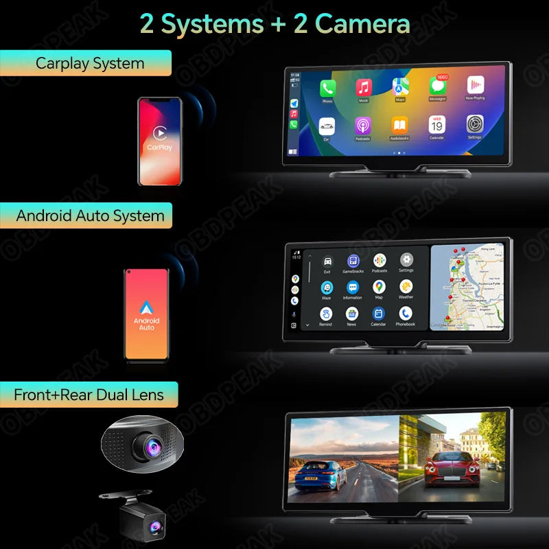 OBDPEAK K2 2.0 Dash Cam – 10.26" 4K Car DVR with CarPlay & Android Auto, GPS Navigation, Rearview Mirror Video Recorder