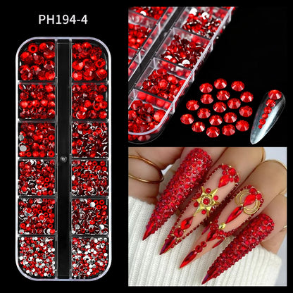 12-Grid Mixed Nail Rhinestones SS6-SS30 – Shiny Flat-Back Gems in Clear, Gold, Pink & Blue for Nail Art Decoration