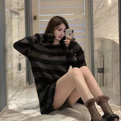 New Punk Gothic Long Unisex Sweater - Summer Striped Hollow Out Jumper, Loose Rock Thin Top for Women, Dark Streetwear