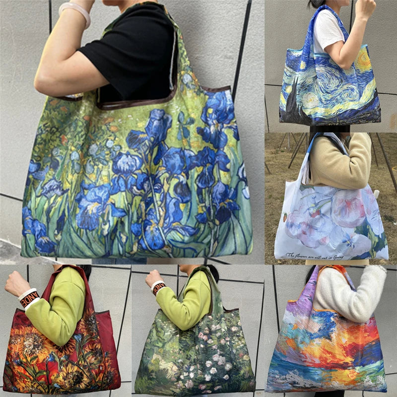 Flower Oil Painting Foldable Reusable Shopping Bag – Large Capacity Portable Shoulder Tote for Travel, Grocery & Beach Storage Handbag