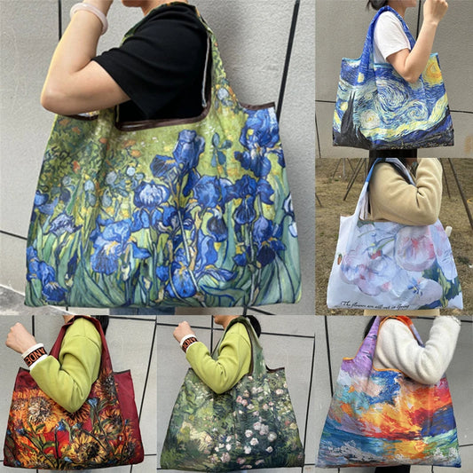 Flower Oil Painting Foldable Reusable Shopping Bag – Large Capacity Portable Shoulder Tote for Travel, Grocery & Beach Storage Handbag