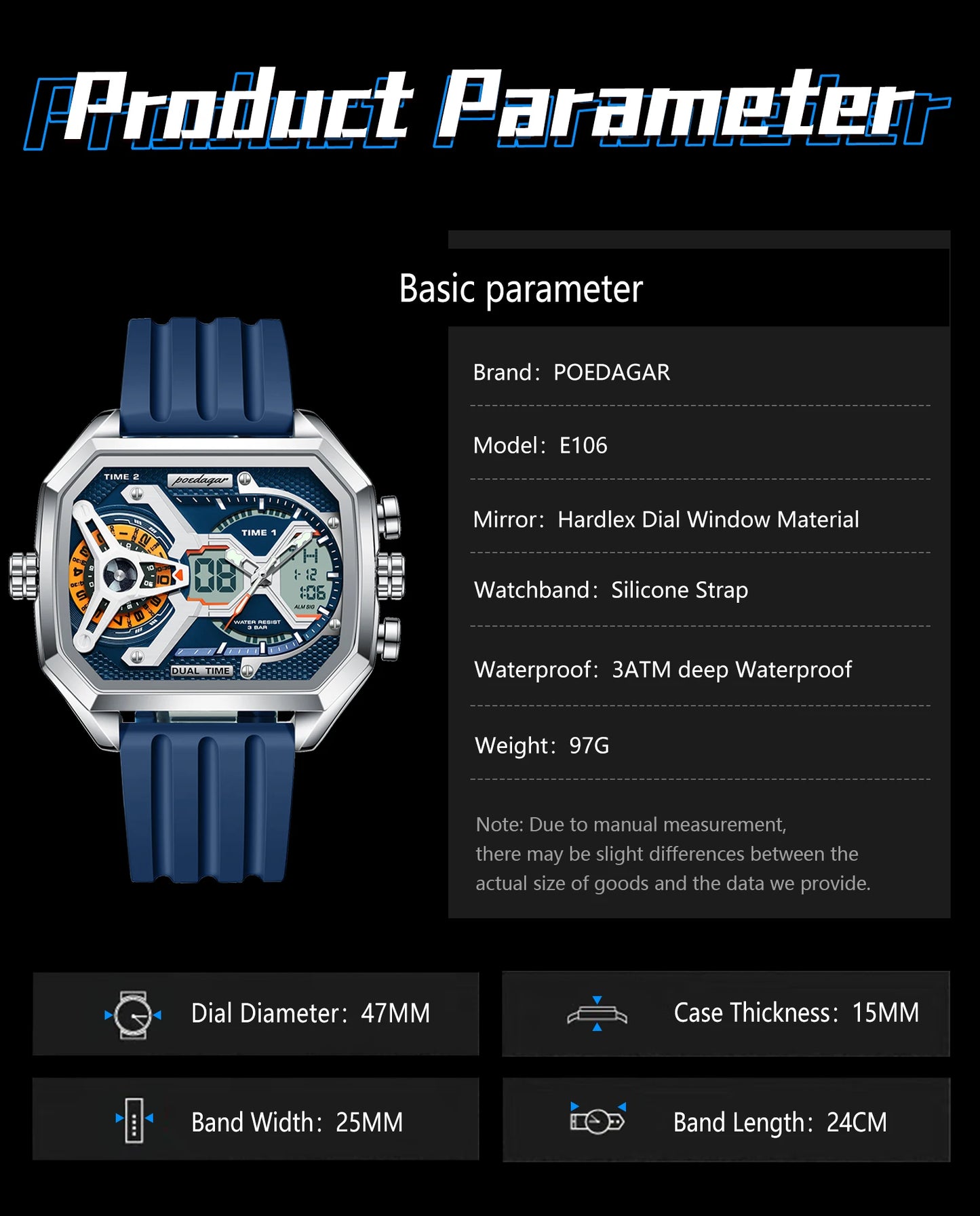 POEDAGAR Men's Luxury LED Wristwatch – Electronic Quartz Watch with Calendar, Week Display, Luminous Hands, and Silicone Strap