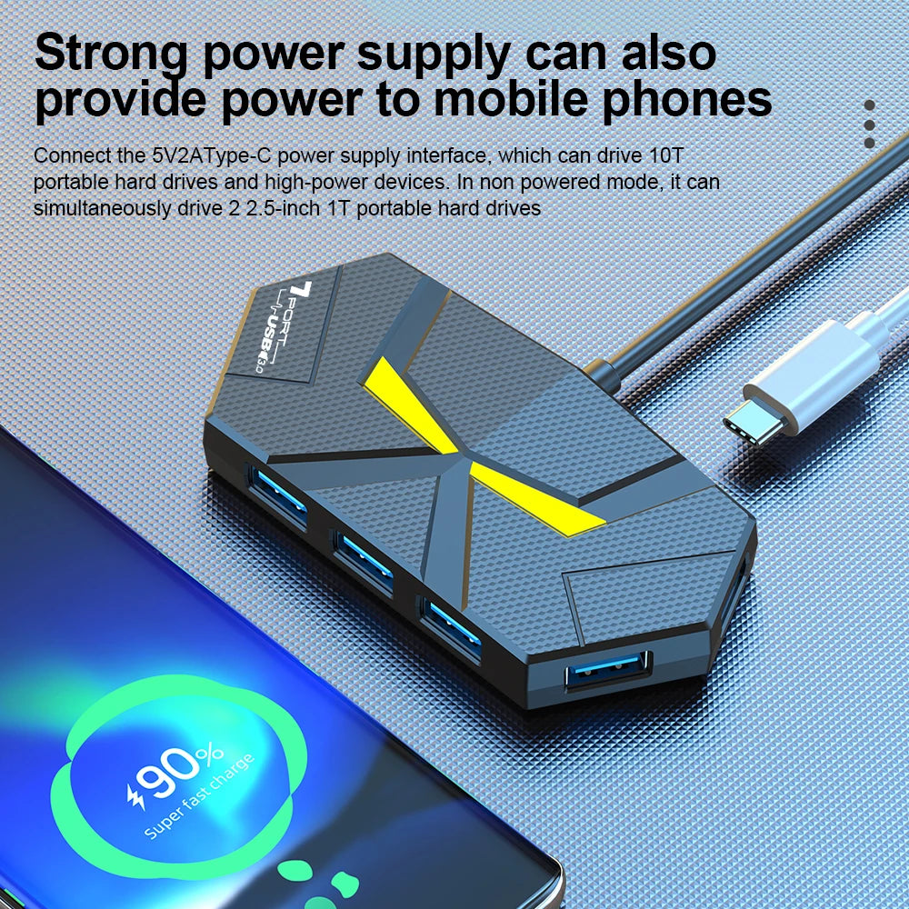 7-Port USB 3.0 Hub Type-C Docking Station — High-Speed 5Gbps Adapter for Laptop, Hard Drive, Mouse & Keyboard