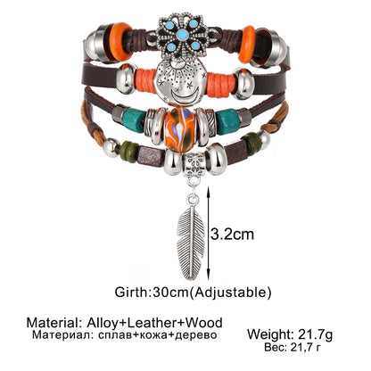 Vintage Gothic Punk Moon & Star Metal Bracelet - Multilayer Leather Bangle for Men, Leaf & Sun Arm Jewelry