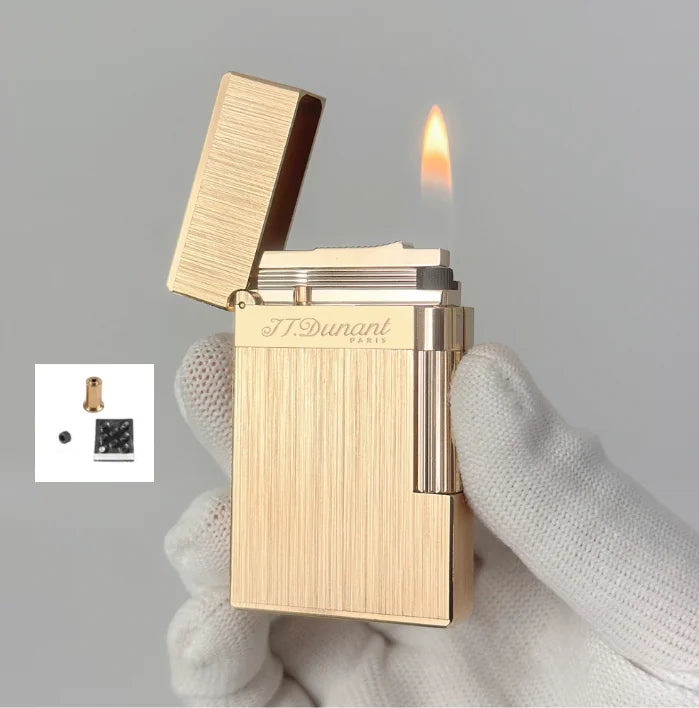 JT.Dunant Luxury Brass Gas Lighter - Refillable Butane Cigarette & Cigar Accessory with Vertical Pattern Design